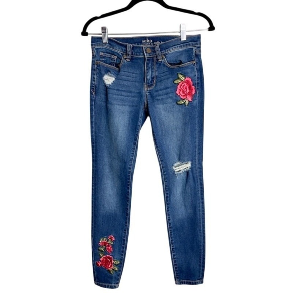 Soho Embroidered Rose Skinny Ankle Jeans Size 2 Mid Wash Distressed Floral Denim
